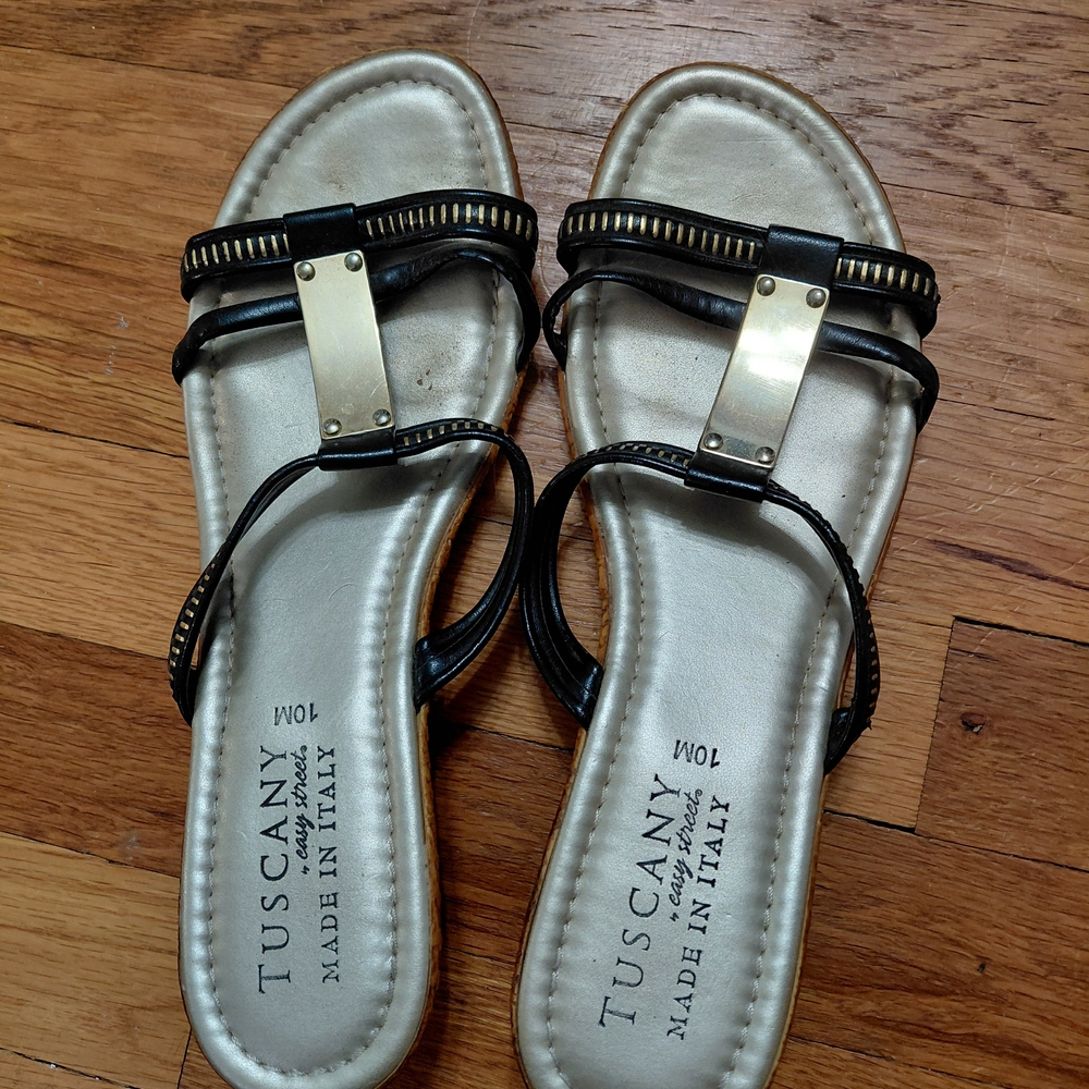 Women's Black Sandals with Gold Accents